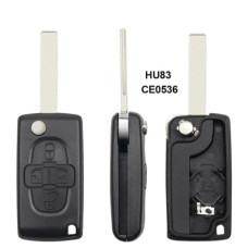 Корпус ключа CITROEN / Peugeot 4 кнопки ( жало HU83 ) ( батарейка на корпусе )