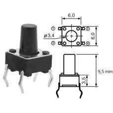 Кнопка тактовая h=9,5мм 6x6x9,5mm (TC-0108) Кнопка тактовая h=9,5мм 6x6x9,5mm (TC-0108)
